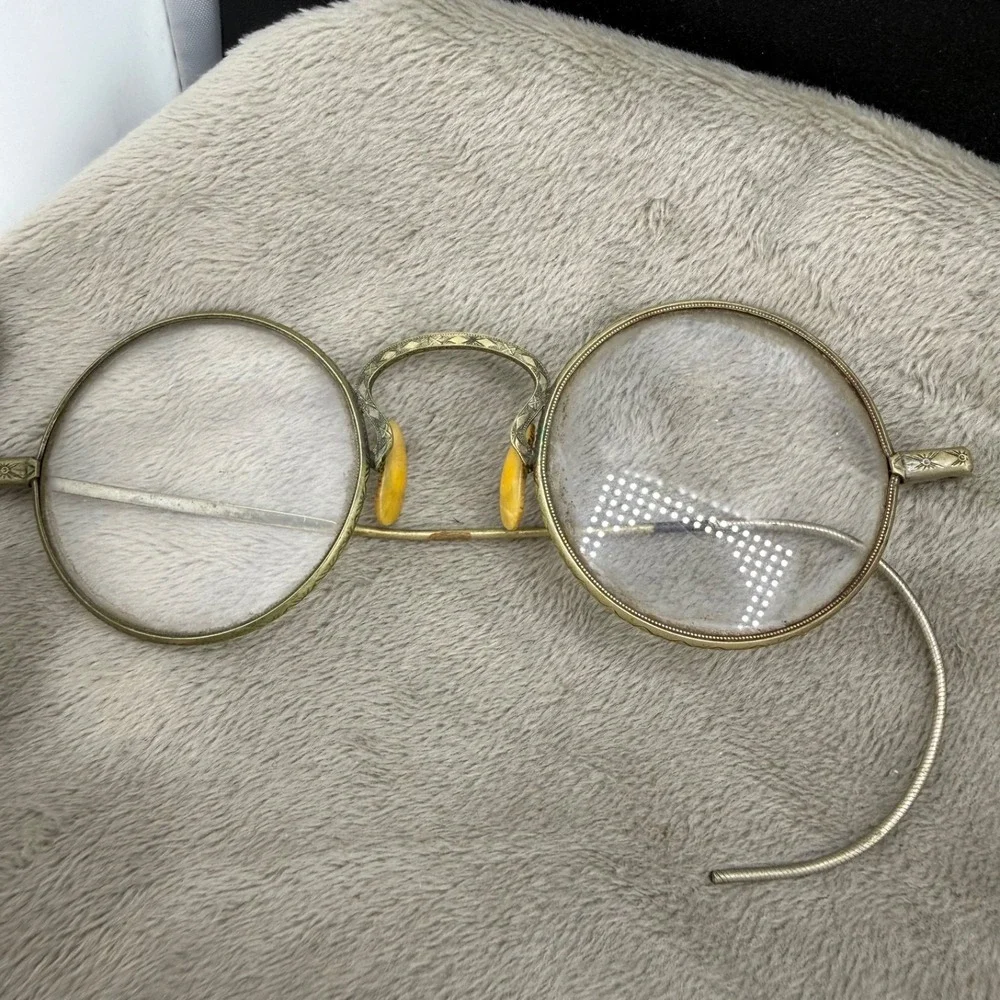 Vintage Wire Frame Glasses Gold Tone Art Deco Round Etched Bridge